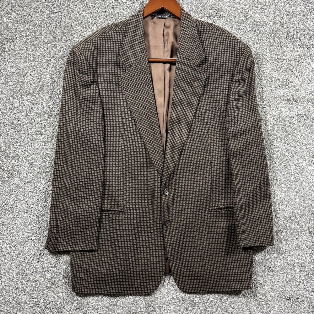 Fierte Italy Silk Wool Blazer Mens 44 Brown Houndstooth Sport Coat Made Italy